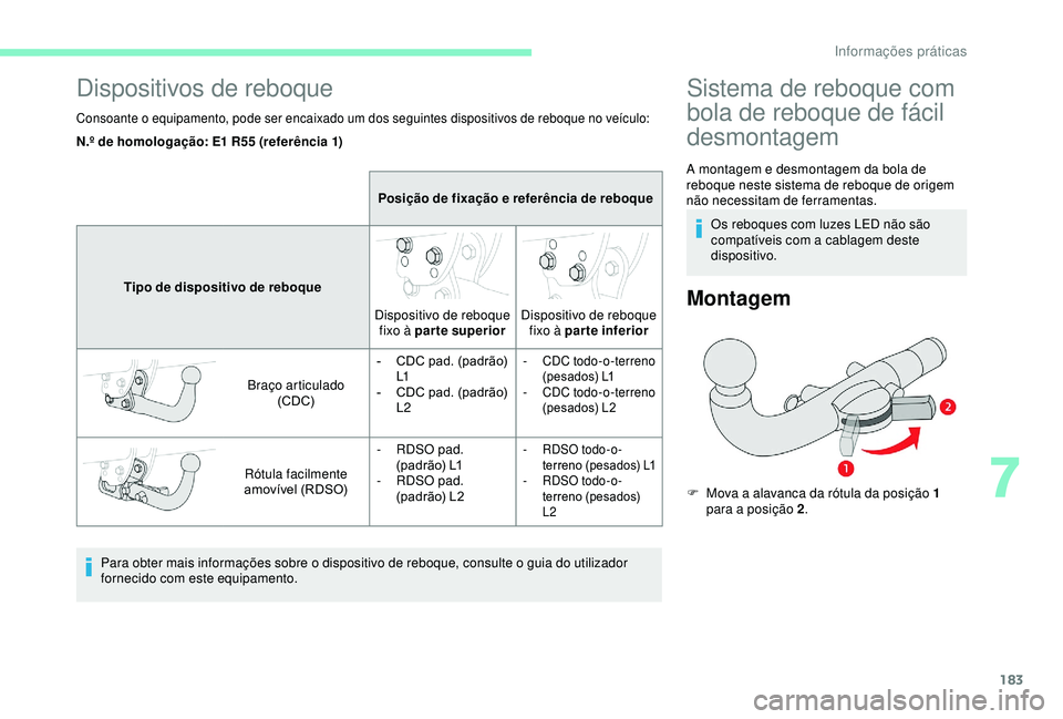 CITROEN BERLINGO VAN 2019 Manual do condutor (in Portuguese) 183
Dispositivos de reboque
Consoante o equipamento, pode ser encaixado um dos seguintes dispositivos de reboque no veículo:
Para obter mais informações sobre o dispositivo de reboque, consulte o g CITROEN BERLINGO VAN 2019 Manual do condutor (in Portuguese) 183
Dispositivos de reboque
Consoante o equipamento, pode ser encaixado um dos seguintes dispositivos de reboque no veículo:
Para obter mais informações sobre o dispositivo de reboque, consulte o g