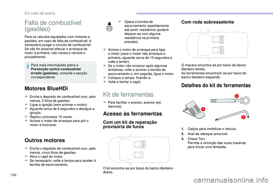 CITROEN BERLINGO VAN 2019 Manual do condutor (in Portuguese) 196
Falta de combustível
(gasóleo)
Para os veículos equipados com motores a
gasóleo, em caso de falta de combustível, é
necessário purgar o circuito de combustível.
Se não for possível ef CITROEN BERLINGO VAN 2019 Manual do condutor (in Portuguese) 196
Falta de combustível
(gasóleo)
Para os veículos equipados com motores a
gasóleo, em caso de falta de combustível, é
necessário purgar o circuito de combustível.
Se não for possível ef