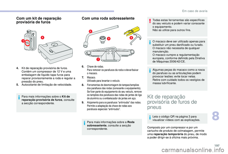 CITROEN BERLINGO VAN 2019 Manual do condutor (in Portuguese) 197
Com um kit de reparação
provisória de furos
4.Kit de reparação provisória de furos.
Contém um compressor de 12
V e uma
embalagem de líquido tapa-furos para
reparar provisoriamente a r CITROEN BERLINGO VAN 2019 Manual do condutor (in Portuguese) 197
Com um kit de reparação
provisória de furos
4.Kit de reparação provisória de furos.
Contém um compressor de 12
V e uma
embalagem de líquido tapa-furos para
reparar provisoriamente a r