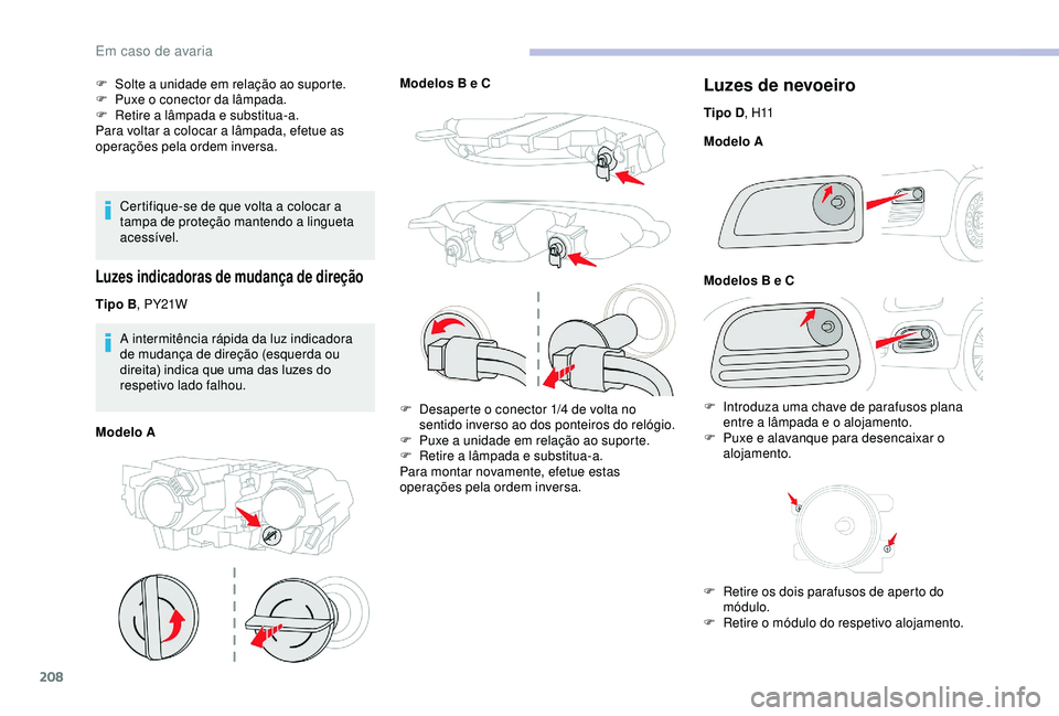 CITROEN BERLINGO VAN 2019 Manual do condutor (in Portuguese) 208
F Solte a unidade em relação ao suporte.
F P uxe o conector da lâmpada.
F
R
etire a lâmpada e substitua-a.
Para voltar a colocar a lâmpada, efetue as
operações pela ordem inversa.
Certi CITROEN BERLINGO VAN 2019 Manual do condutor (in Portuguese) 208
F Solte a unidade em relação ao suporte.
F P uxe o conector da lâmpada.
F
R
etire a lâmpada e substitua-a.
Para voltar a colocar a lâmpada, efetue as
operações pela ordem inversa.
Certi