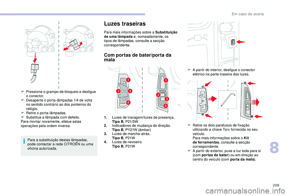 CITROEN BERLINGO VAN 2019 Manual do condutor (in Portuguese) 209
Para a substituição destas lâmpadas,
pode contactar a rede CITROËN ou uma
oficina autorizada.
Luzes traseiras
Para mais informações sobre a Substituição
de uma lâmpada e, nomeadamente, CITROEN BERLINGO VAN 2019 Manual do condutor (in Portuguese) 209
Para a substituição destas lâmpadas,
pode contactar a rede CITROËN ou uma
oficina autorizada.
Luzes traseiras
Para mais informações sobre a Substituição
de uma lâmpada e, nomeadamente,