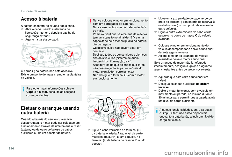 CITROEN BERLINGO VAN 2019 Manual do condutor (in Portuguese) 214
Acesso à bateria
A bateria encontra-se situada sob o capô.
F A bra o capô usando a alavanca de
libertação interior e depois a patilha de
segurança exterior.
F
A
garre na vareta do capô CITROEN BERLINGO VAN 2019 Manual do condutor (in Portuguese) 214
Acesso à bateria
A bateria encontra-se situada sob o capô.
F A bra o capô usando a alavanca de
libertação interior e depois a patilha de
segurança exterior.
F
A
garre na vareta do capô