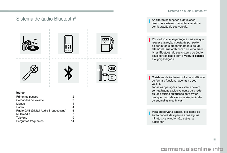 CITROEN BERLINGO VAN 2019 Manual do condutor (in Portuguese) 1
Sistema de áudio Bluetooth®
Índice
Primeiros passos
2
C
omandos no volante
2
M
enus
4
R
ádio 4
Rádio DAB (Digital Audio Broadcasting)
6
M
ultimédia
7
T
elefone
1
0
Perguntas f CITROEN BERLINGO VAN 2019 Manual do condutor (in Portuguese) 1
Sistema de áudio Bluetooth®
Índice
Primeiros passos
2
C
omandos no volante
2
M
enus
4
R
ádio 4
Rádio DAB (Digital Audio Broadcasting)
6
M
ultimédia
7
T
elefone
1
0
Perguntas f