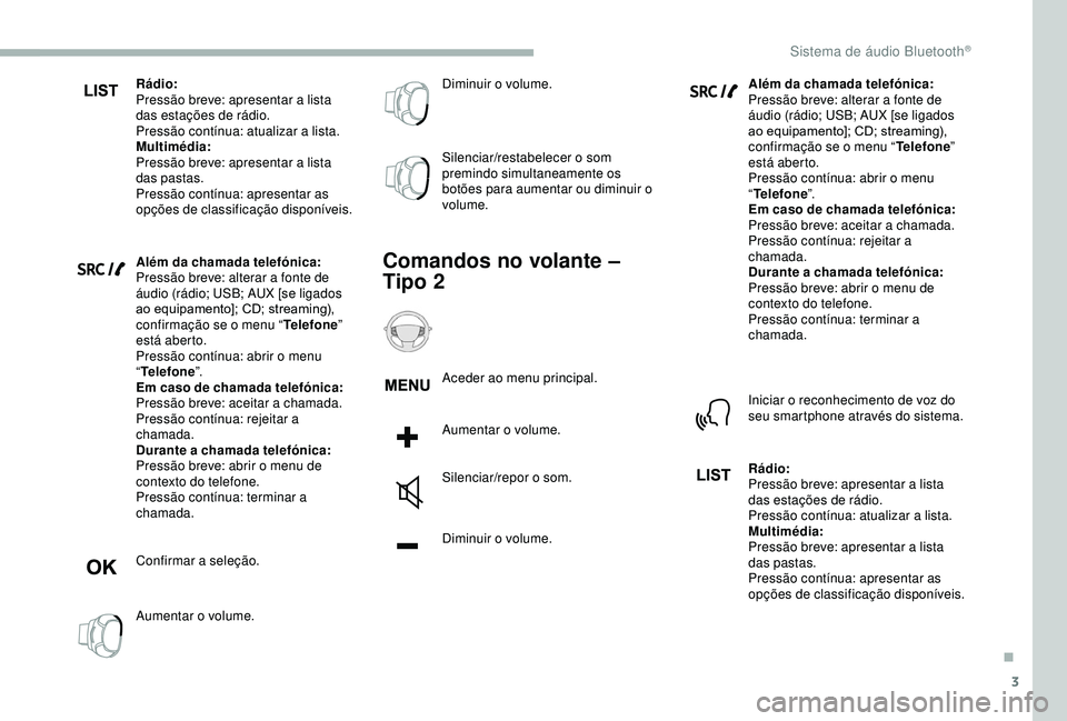 CITROEN BERLINGO VAN 2019 Manual do condutor (in Portuguese) 3
Rádio:
Pressão breve: apresentar a lista
das estações de rádio.
Pressão contínua: atualizar a lista.
Multimédia:
Pressão breve: apresentar a lista
das pastas.
Pressão contínua: apresent CITROEN BERLINGO VAN 2019 Manual do condutor (in Portuguese) 3
Rádio:
Pressão breve: apresentar a lista
das estações de rádio.
Pressão contínua: atualizar a lista.
Multimédia:
Pressão breve: apresentar a lista
das pastas.
Pressão contínua: apresent