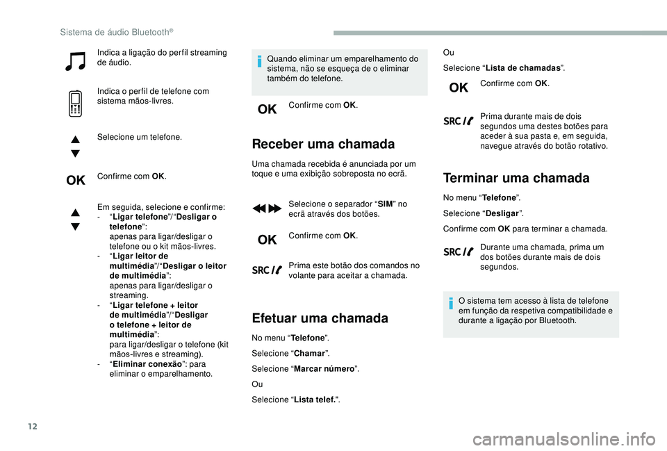 CITROEN BERLINGO VAN 2019 Manual do condutor (in Portuguese) 12
Indica a ligação do per fil streaming
de áudio.
Indica o per fil de telefone com
sistema mãos-livres.
Selecione um telefone.
Confirme com OK.
Em seguida, selecione e confirme:
- “Ligar tel CITROEN BERLINGO VAN 2019 Manual do condutor (in Portuguese) 12
Indica a ligação do per fil streaming
de áudio.
Indica o per fil de telefone com
sistema mãos-livres.
Selecione um telefone.
Confirme com OK.
Em seguida, selecione e confirme:
- “Ligar tel