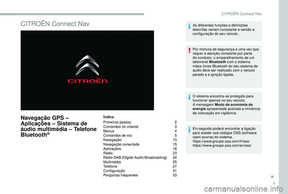 CITROEN BERLINGO VAN 2019 Manual do condutor (in Portuguese) 1
CITROËN Connect Nav
Navegação GPS –
Aplicações – Sistema de
áudio multimédia – Telefone
Bluetooth
®
Índice
Primeiros passos
2
C
omandos no volante
3
M
enus
4
C
omandos de v CITROEN BERLINGO VAN 2019 Manual do condutor (in Portuguese) 1
CITROËN Connect Nav
Navegação GPS –
Aplicações – Sistema de
áudio multimédia – Telefone
Bluetooth
®
Índice
Primeiros passos
2
C
omandos no volante
3
M
enus
4
C
omandos de v