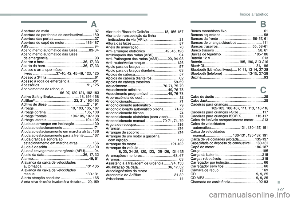 CITROEN BERLINGO VAN 2019 Manual do condutor (in Portuguese) 227
AAber tura da mala ...............................................37
A ber tura da por tinhola do combustível .........18
0
Abertura das portas
.......................................... 37
A CITROEN BERLINGO VAN 2019 Manual do condutor (in Portuguese) 227
AAber tura da mala ...............................................37
A ber tura da por tinhola do combustível .........18
0
Abertura das portas
.......................................... 37
A