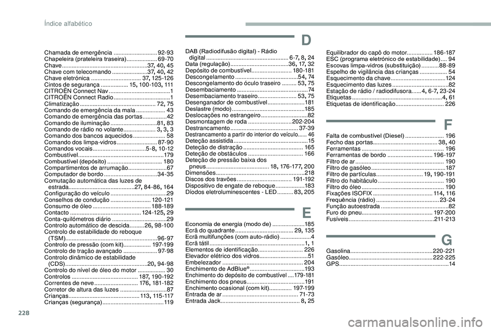 CITROEN BERLINGO VAN 2019 Manual do condutor (in Portuguese) 228
Chamada de emergência ...........................92 -9 3
Chapeleira (prateleira traseira) ...................69-
70
Chave
..................................................... 37,
40,
45 CITROEN BERLINGO VAN 2019 Manual do condutor (in Portuguese) 228
Chamada de emergência ...........................92 -9 3
Chapeleira (prateleira traseira) ...................69-
70
Chave
..................................................... 37,
40,
45