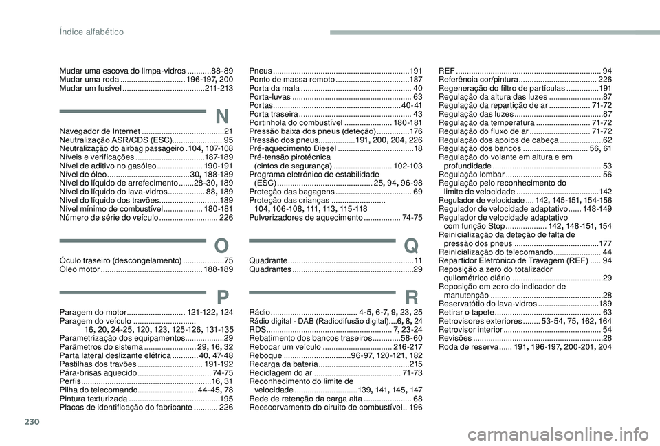 CITROEN BERLINGO VAN 2019 Manual do condutor (in Portuguese) 230
Mudar uma escova do limpa-vidros ...........8 8-89
M udar uma roda .............................. 19
6 -197,
20 0
Mudar um fusível
...................................... 211-213
NNavegador de CITROEN BERLINGO VAN 2019 Manual do condutor (in Portuguese) 230
Mudar uma escova do limpa-vidros ...........8 8-89
M udar uma roda .............................. 19
6 -197,
20 0
Mudar um fusível
...................................... 211-213
NNavegador de
