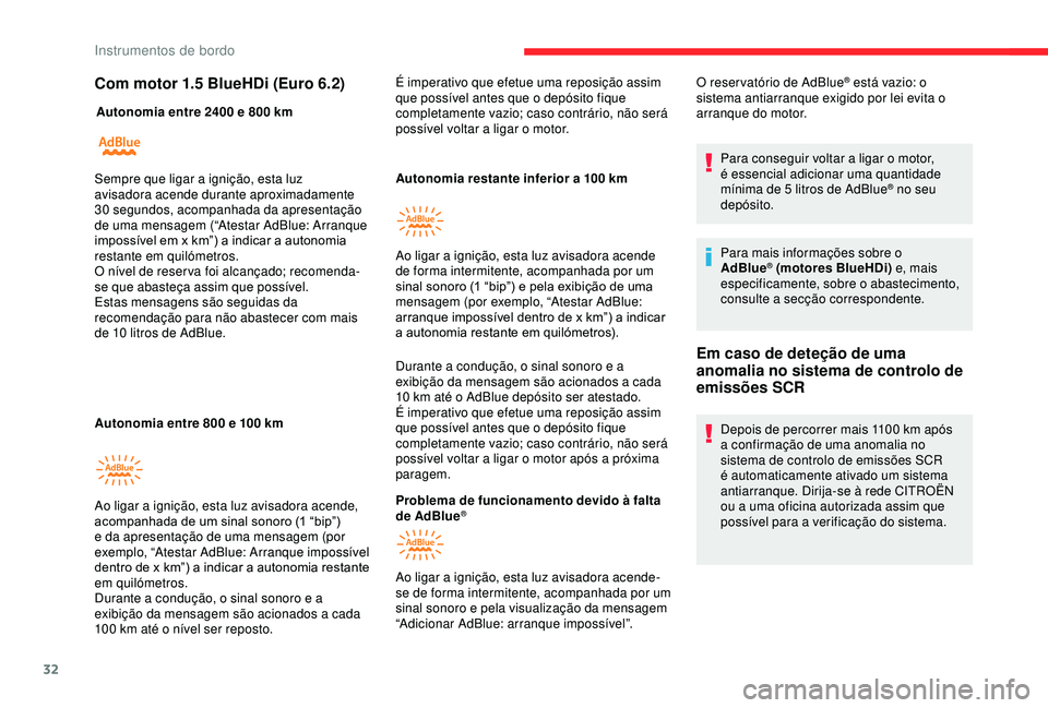 CITROEN BERLINGO VAN 2019  Manual do condutor (in Portuguese) 32
Com motor 1.5 BlueHDi (Euro 6.2)
Autonomia entre 2400 e 800 km
A utonomia entre 800 e 100   kmAutonomia restante inferior a 100
  km 
Durante a condução, o sinal sonoro e a 
exibição da mensage