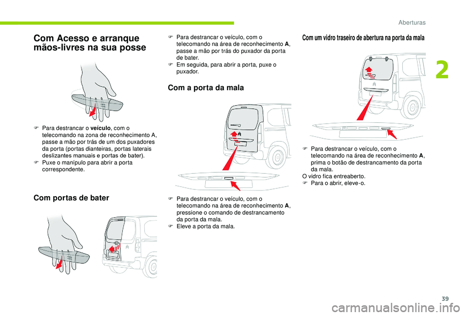 CITROEN BERLINGO VAN 2019 Manual do condutor (in Portuguese) 39
Com Acesso e arranque
mãos-livres na sua posse
Com portas de bater
F Para destrancar o veículo, com o
telecomando na zona de reconhecimento A,
passe a mão por trás de um dos puxadores
da po CITROEN BERLINGO VAN 2019 Manual do condutor (in Portuguese) 39
Com Acesso e arranque
mãos-livres na sua posse
Com portas de bater
F Para destrancar o veículo, com o
telecomando na zona de reconhecimento A,
passe a mão por trás de um dos puxadores
da po