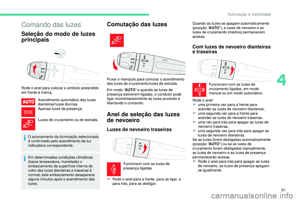 CITROEN BERLINGO VAN 2019 Manual do condutor (in Portuguese) 81
Comando das luzes
Seleção do modo de luzes
principais
Rode o anel para colocar o símbolo pretendido
em frente à marca.Acendimento automático das luzes
dianteiras/luzes diurnas.
Apenas luzes CITROEN BERLINGO VAN 2019 Manual do condutor (in Portuguese) 81
Comando das luzes
Seleção do modo de luzes
principais
Rode o anel para colocar o símbolo pretendido
em frente à marca.Acendimento automático das luzes
dianteiras/luzes diurnas.
Apenas luzes