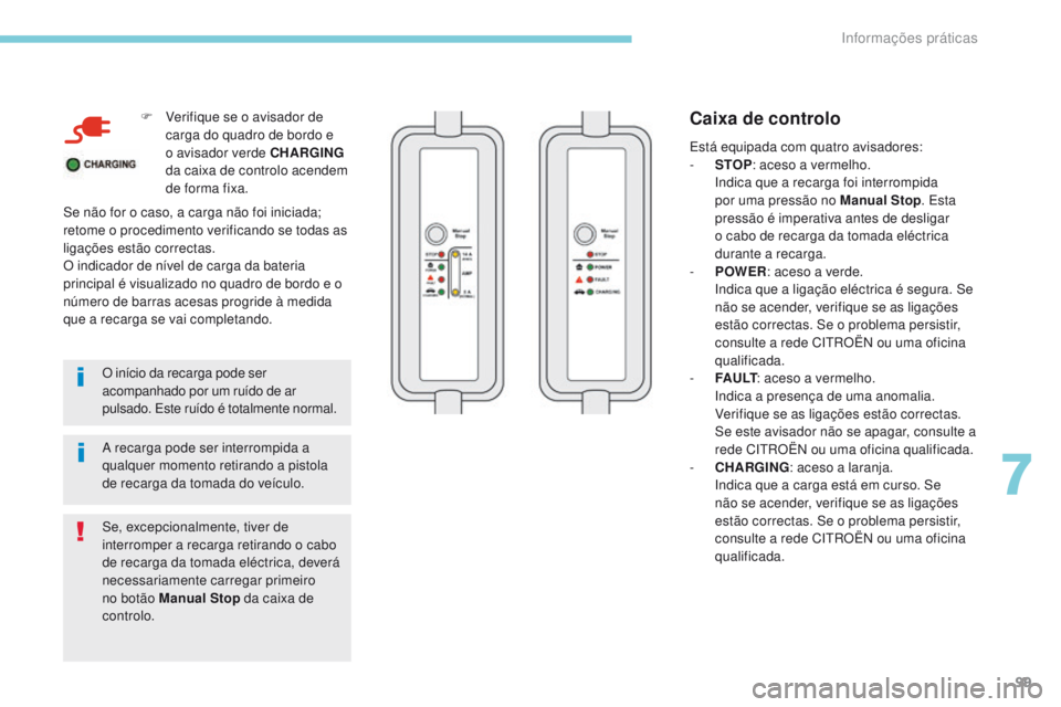 CITROEN C-ZERO 2017 Manual do condutor (in Portuguese) 99
F Verifique se o avisador de carga do quadro de bordo e
o avisador verde CHARGING
da caixa de controlo acendem
de forma fixa.
O início da recarga pode ser
acompanhado por um ruído de ar
pul CITROEN C-ZERO 2017 Manual do condutor (in Portuguese) 99
F Verifique se o avisador de carga do quadro de bordo e
o avisador verde CHARGING
da caixa de controlo acendem
de forma fixa.
O início da recarga pode ser
acompanhado por um ruído de ar
pul