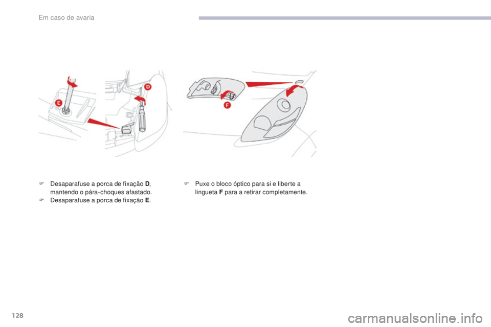 CITROEN C-ZERO 2017 Manual do condutor (in Portuguese) 128
C-Zero_pt_Chap08_en-cas-de-panne_ed01-2016
F Desaparafuse a porca de fixação D,
mantendo o pára-choques afastado.
F
D
esaparafuse a porca de fixação E .F
P uxe o bloco óptico para si e CITROEN C-ZERO 2017 Manual do condutor (in Portuguese) 128
C-Zero_pt_Chap08_en-cas-de-panne_ed01-2016
F Desaparafuse a porca de fixação D,
mantendo o pára-choques afastado.
F
D
esaparafuse a porca de fixação E .F
P uxe o bloco óptico para si e