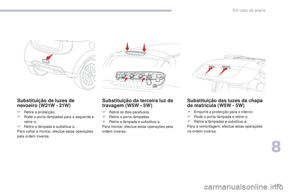 CITROEN C-ZERO 2017 Manual do condutor (in Portuguese) 133
C-Zero_pt_Chap08_en-cas-de-panne_ed01-2016
Substituição de luzes de
nevoeiro (W21W - 21W)
F Retire a protecção.
F R ode o porta-lâmpadas para a esquerda e
retire-o.
F
R
etire a lâmpada CITROEN C-ZERO 2017 Manual do condutor (in Portuguese) 133
C-Zero_pt_Chap08_en-cas-de-panne_ed01-2016
Substituição de luzes de
nevoeiro (W21W - 21W)
F Retire a protecção.
F R ode o porta-lâmpadas para a esquerda e
retire-o.
F
R
etire a lâmpada