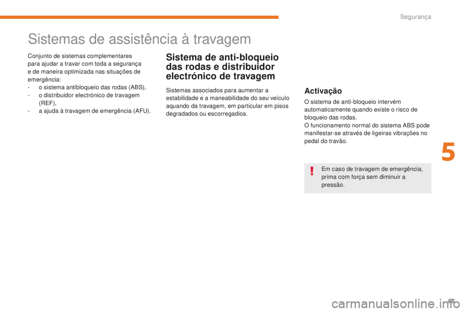 CITROEN C-ZERO 2017 Manual do condutor (in Portuguese) 63
C-Zero_pt_Chap05_securite_ed01-2016
Sistemas de assistência à travagem
Sistema de anti-bloqueio
das rodas e distribuidor
electrónico de travagemConjunto de sistemas complementares
para ajudar CITROEN C-ZERO 2017 Manual do condutor (in Portuguese) 63
C-Zero_pt_Chap05_securite_ed01-2016
Sistemas de assistência à travagem
Sistema de anti-bloqueio
das rodas e distribuidor
electrónico de travagemConjunto de sistemas complementares
para ajudar