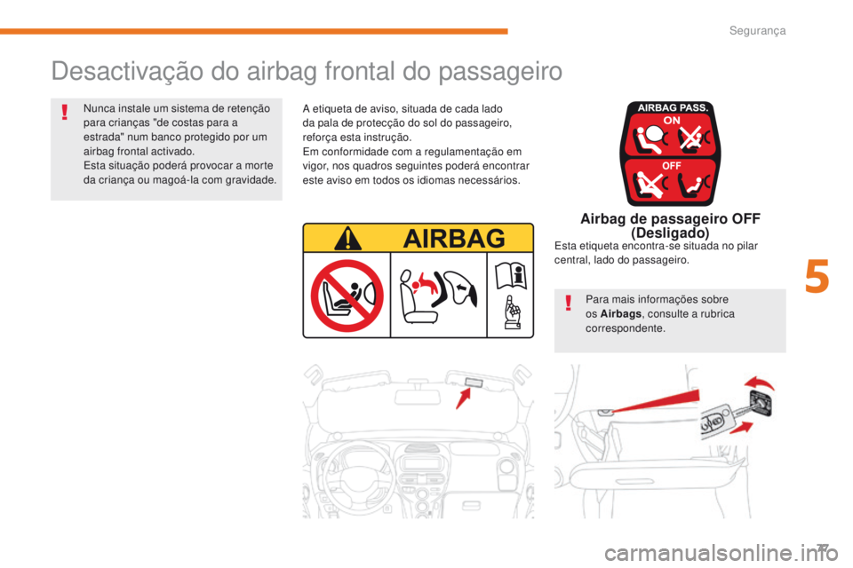 CITROEN C-ZERO 2017 Manual do condutor (in Portuguese) 77
C-Zero_pt_Chap05_securite_ed01-2016
Desactivação do airbag frontal do passageiro
A etiqueta de aviso, situada de cada lado
da pala de protecção do sol do passageiro,
reforça esta instrução CITROEN C-ZERO 2017 Manual do condutor (in Portuguese) 77
C-Zero_pt_Chap05_securite_ed01-2016
Desactivação do airbag frontal do passageiro
A etiqueta de aviso, situada de cada lado
da pala de protecção do sol do passageiro,
reforça esta instrução