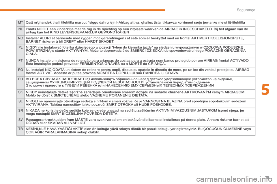 CITROEN C-ZERO 2017  Manual do condutor (in Portuguese) MTQatt m’ghandek thalli tifel/tifla marbut f’siggu dahru lejn l-Airbag attiva, ghaliex tista’ tikkawza korriment serju jew anke mewt lit-tifel/tifla
NLPlaats NOOIT een kinderzitje met de rug in 