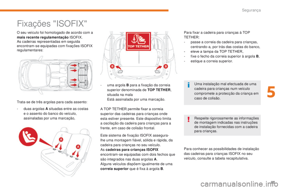 CITROEN C-ZERO 2017  Manual do condutor (in Portuguese) 83
C-Zero_pt_Chap05_securite_ed01-2016
O seu veículo foi homologado de acordo com a 
mais recente regulamentação  ISOFIX.
As cadeiras representadas em seguida 
encontram-se equipadas com fixações