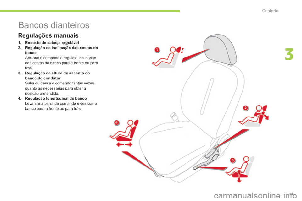 CITROEN C-ZERO 2016  Manual do condutor (in Portuguese) 31
C-zero_pt_Chap03_confort_ed01-2014
Bancos dianteiros
Regulações manuais
1.  Encosto de cabeça regulável
2.   Regulação da inclinação das costas do 
banco
  a ccione o comando e regule a inc