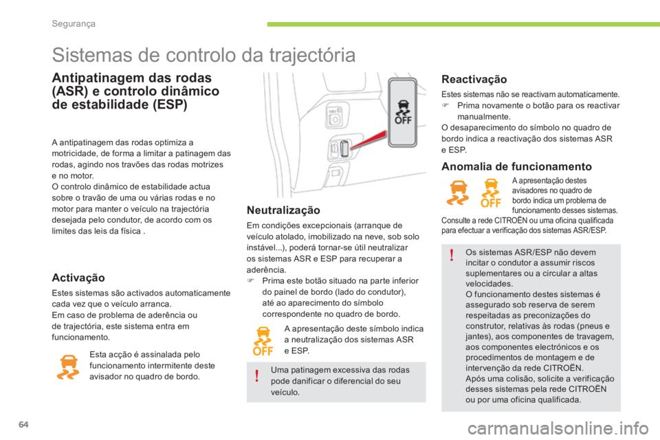 CITROEN C-ZERO 2016 Manual do condutor (in Portuguese) 64
C-zero_pt_Chap06_securite_ed01-2014
Antipatinagem das rodas
(ASR) e controlo dinâmico
de estabilidade (ESP)
sistemas de controlo da trajectória
Neutralização
em condições excepcionais (arra CITROEN C-ZERO 2016 Manual do condutor (in Portuguese) 64
C-zero_pt_Chap06_securite_ed01-2014
Antipatinagem das rodas
(ASR) e controlo dinâmico
de estabilidade (ESP)
sistemas de controlo da trajectória
Neutralização
em condições excepcionais (arra