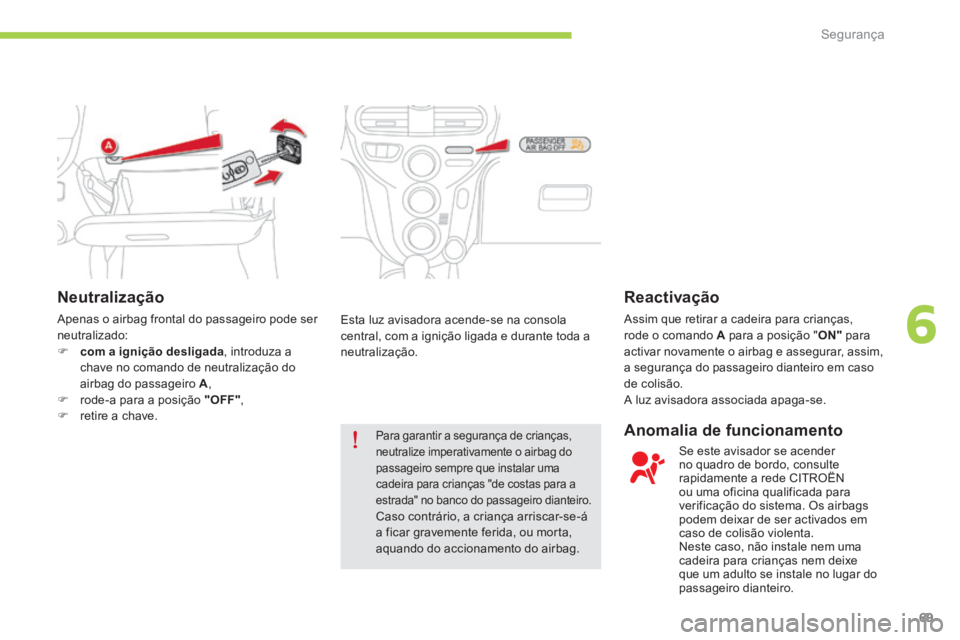 CITROEN C-ZERO 2016 Manual do condutor (in Portuguese) 69
C-zero_pt_Chap06_securite_ed01-2014
Neutralização
apenas o airbag frontal do passageiro pode ser
neutralizado:
F com a ignição desligada , introduza a
chave no comando de neutralização do CITROEN C-ZERO 2016 Manual do condutor (in Portuguese) 69
C-zero_pt_Chap06_securite_ed01-2014
Neutralização
apenas o airbag frontal do passageiro pode ser
neutralizado:
F com a ignição desligada , introduza a
chave no comando de neutralização do
