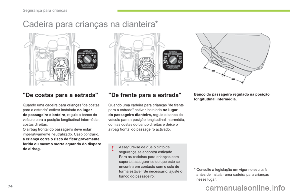 CITROEN C-ZERO 2016 Manual do condutor (in Portuguese) 74
C-zero_pt_Chap07_securite-enfants_ed01-2014
Cadeira para crianças na dianteira*
"De costas para a estrada"
Quando uma cadeira para crianças "de costas
para a estrada" estiver ins CITROEN C-ZERO 2016 Manual do condutor (in Portuguese) 74
C-zero_pt_Chap07_securite-enfants_ed01-2014
Cadeira para crianças na dianteira*
"De costas para a estrada"
Quando uma cadeira para crianças "de costas
para a estrada" estiver ins