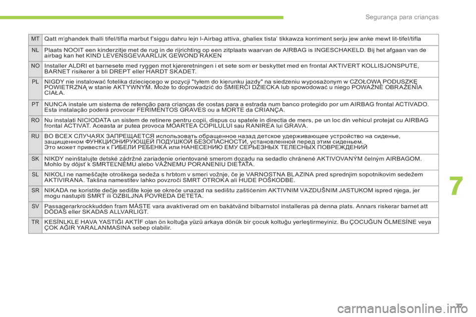 CITROEN C-ZERO 2016 Manual do condutor (in Portuguese) MtQatt m’ghandek thalli tifel/tifla marbut f’siggu dahru lejn l-Airbag attiva, ghaliex tista’ tikkawza korriment serju jew anke mewt lit-tifel/tifla
nlPlaats NOOIT een kinderzitje met de rug in CITROEN C-ZERO 2016 Manual do condutor (in Portuguese) MtQatt m’ghandek thalli tifel/tifla marbut f’siggu dahru lejn l-Airbag attiva, ghaliex tista’ tikkawza korriment serju jew anke mewt lit-tifel/tifla
nlPlaats NOOIT een kinderzitje met de rug in