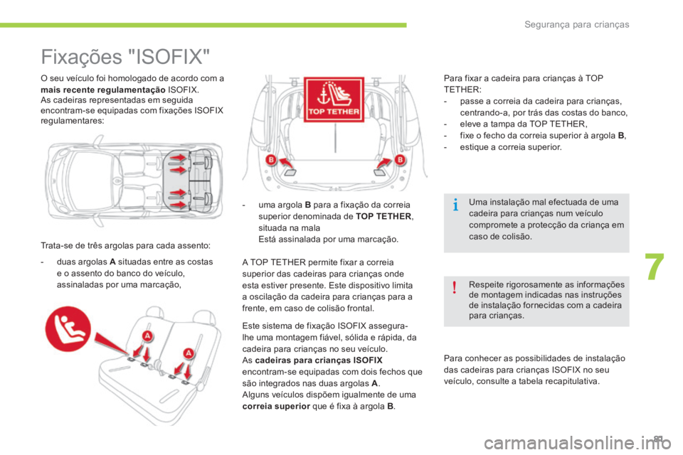 CITROEN C-ZERO 2016 Manual do condutor (in Portuguese) 81
C-zero_pt_Chap07_securite-enfants_ed01-2014
O seu veículo foi homologado de acordo com a
mais recente regulamentação isOFi X.
a s cadeiras representadas em seguida
encontram-se equipadas com CITROEN C-ZERO 2016 Manual do condutor (in Portuguese) 81
C-zero_pt_Chap07_securite-enfants_ed01-2014
O seu veículo foi homologado de acordo com a
mais recente regulamentação isOFi X.
a s cadeiras representadas em seguida
encontram-se equipadas com