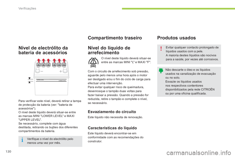 CITROEN C-ZERO 2014 Manual do condutor (in Portuguese) Ver if ic aç ões
120
O nível deste líquido deverá situar-seentre as marcas MINI "L" e MAXI "F".
Nível do líquido de
arrefecimento
Evitar qualquer contacto prolongado delíquidos usados com CITROEN C-ZERO 2014 Manual do condutor (in Portuguese) Ver if ic aç ões
120
O nível deste líquido deverá situar-seentre as marcas MINI "L" e MAXI "F".
Nível do líquido de
arrefecimento
Evitar qualquer contacto prolongado delíquidos usados com