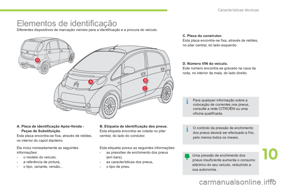CITROEN C-ZERO 2014 Manual do condutor (in Portuguese) 10
Características técnicas
125
Elementos de identifi cação
Diferentes dispositivos de marcação visíveis para a identificação e a procura do veículo.
A. Pla CITROEN C-ZERO 2014 Manual do condutor (in Portuguese) 10
Características técnicas
125
Elementos de identifi cação
Diferentes dispositivos de marcação visíveis para a identificação e a procura do veículo.
A. Pla