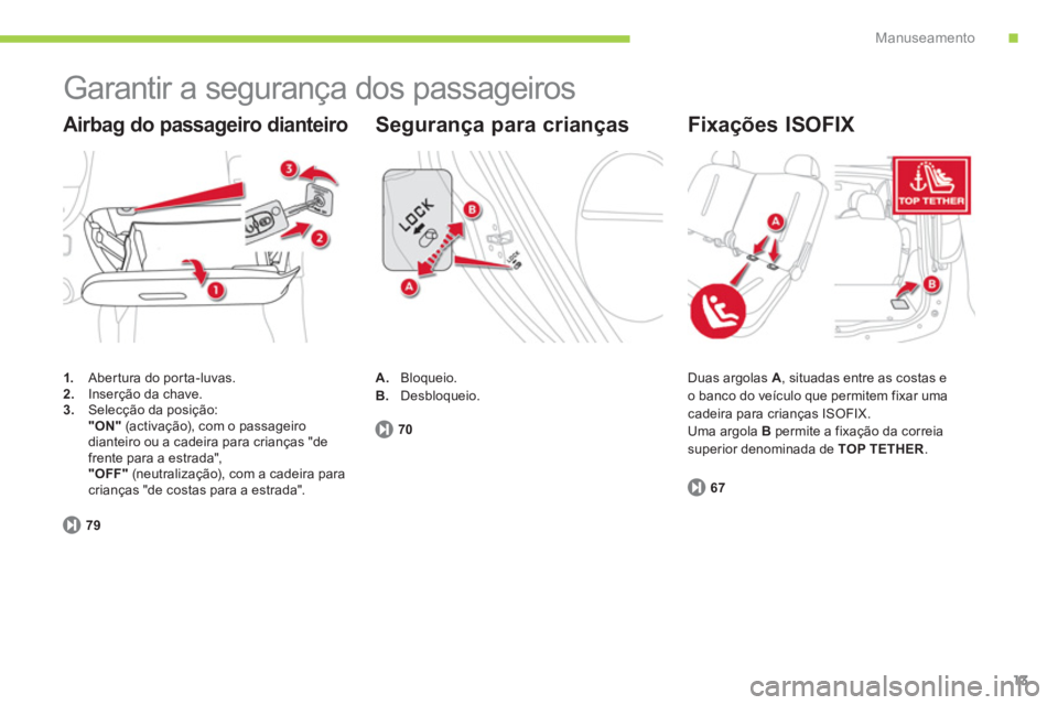 CITROEN C-ZERO 2014  Manual do condutor (in Portuguese) .Manuseamento
13
  Garantir a segurança dos passageiros 
1. 
  Abertura do porta-luvas. 2.Inserção da chave.3.Selecção da posição:  "ON"(activação), com o passageiro 
dianteiro ou a cadeira p