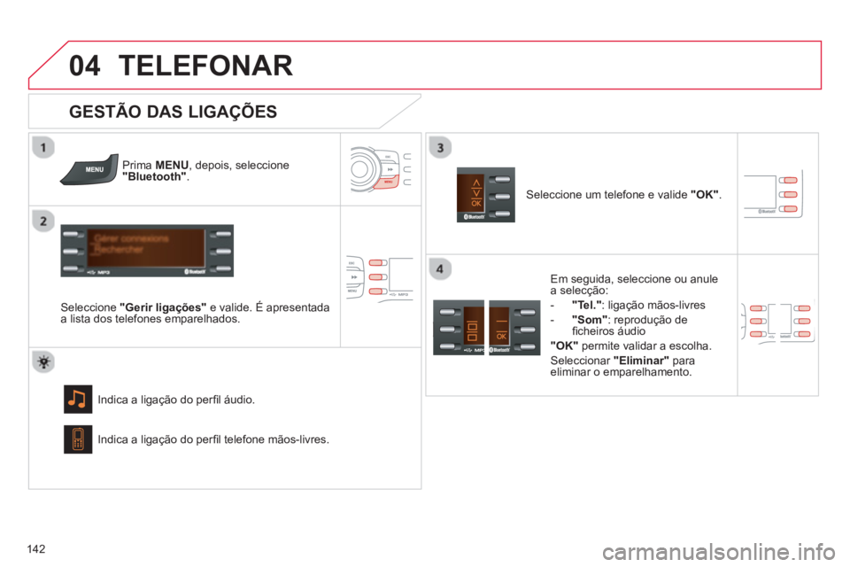 CITROEN C-ZERO 2014  Manual do condutor (in Portuguese)  
04
142
TELEFONAR
Prima  MENU  , depois, seleccione"Bluetooth".
 
 Seleccione "Gerir ligações"e valide. É apresentada
a lista dos telefones emparelhados.
Indica a ligação do perﬁ l áudio. 
 
