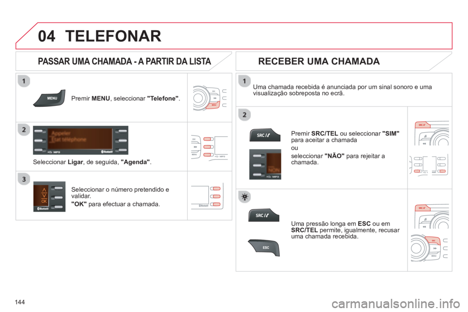 CITROEN C-ZERO 2014  Manual do condutor (in Portuguese)  
  
04
144
TELEFONAR
Premir  MENU  , seleccionar "Telefone". 
 Uma chamada recebida é anunciada por um sinal sonoro e uma
visualização sobreposta no ecrã.  
Seleccionar o número pretendido e 
va