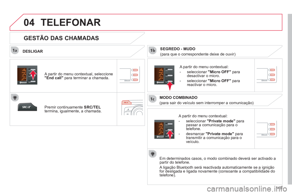 CITROEN C-ZERO 2014  Manual do condutor (in Portuguese)  
04
145
TELEFONAR
   
DESLIGAR
   
A partir do menu contextual:
   
-  
seleccionar  "Private mode" 
 parapassar a comunicação para o 
telefone. 
   
-  
desmarcar " 
Private mode "para 
transmitir