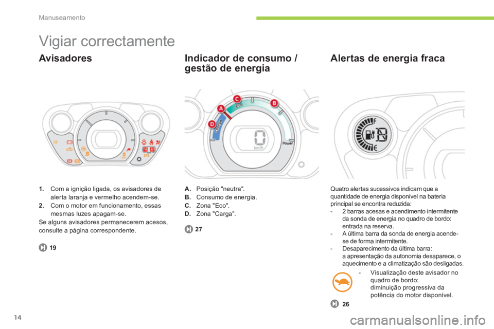 CITROEN C-ZERO 2014  Manual do condutor (in Portuguese) Manuseamento
14
  Vigiar correctamente 
1. 
  Com a ignição ligada, os avisadores dealer ta laranja e vermelho acendem-se.2. 
  Com o motor em funcionamento, essas mesmas luzes apagam-se.
Se alguns 