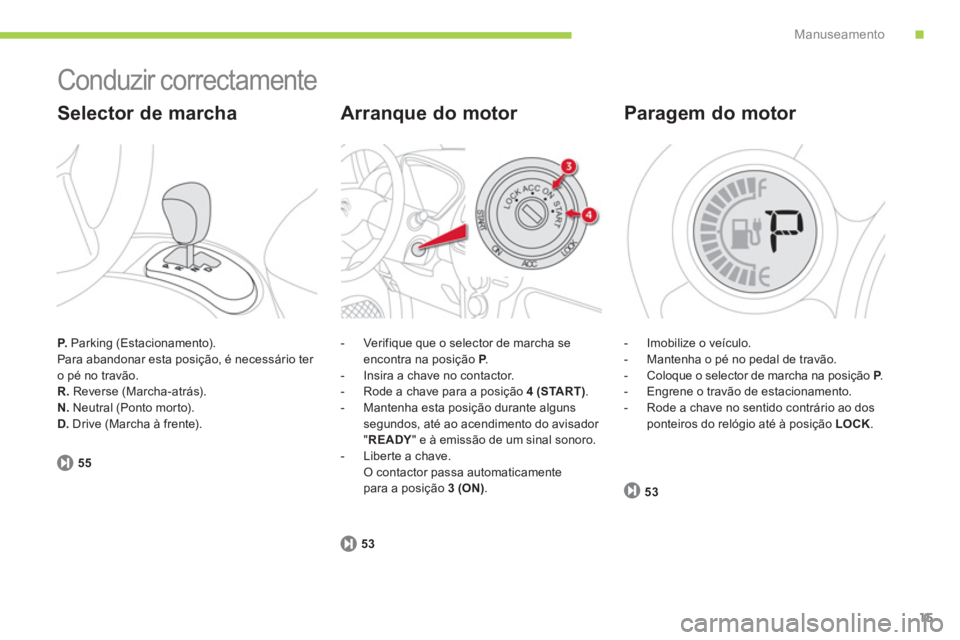 CITROEN C-ZERO 2014  Manual do condutor (in Portuguese) .Manuseamento
15
  Conduzir correctamente 
P. 
 Parking (Estacionamento).
Para abandonar esta posição, é necessário ter 
o pé no travão. 
R.Reverse (Marcha-atrás). N.   Neutral (Ponto morto).D.