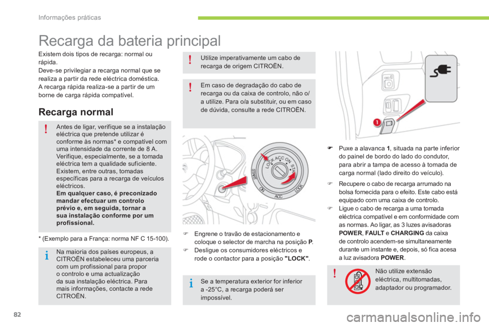 CITROEN C-ZERO 2014  Manual do condutor (in Portuguese) Informações práticas
82
   
 
 
 
 
 
Recarga da bateria principal  
Puxe a alavanca 1 
, situada na parte inferior 
do painel de bordo do lado do condutor,
para abrir a tampa de acesso à tomada d