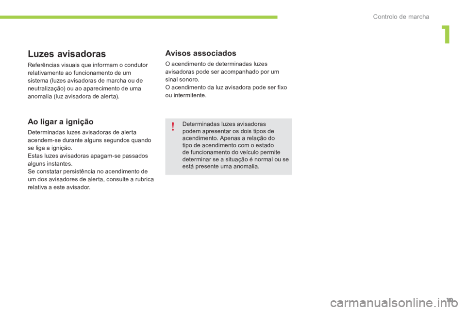 CITROEN C-ZERO 2014  Manual do condutor (in Portuguese) 1
Controlo de marcha
19
Luzes avisadoras 
  Referências visuais que informam o condutor 
relativamente ao funcionamento de um 
sistema (luzes avisadoras de marcha ou deneutralização) ou ao aparecim