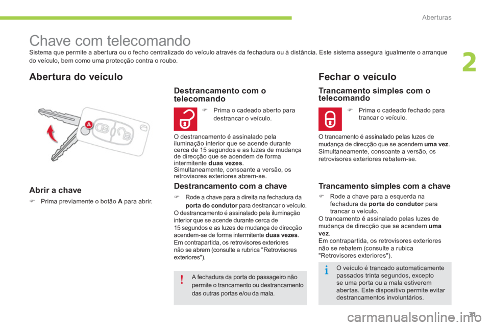 CITROEN C-ZERO 2014 Manual do condutor (in Portuguese) 2
Aberturas
31
Sistema que permite a aber tura ou o fecho centralizado do veículo através da fechadura ou à distância. Este sistema assegura igualmente o arranque
do veículo, bem como uma prote CITROEN C-ZERO 2014 Manual do condutor (in Portuguese) 2
Aberturas
31
Sistema que permite a aber tura ou o fecho centralizado do veículo através da fechadura ou à distância. Este sistema assegura igualmente o arranque
do veículo, bem como uma prote