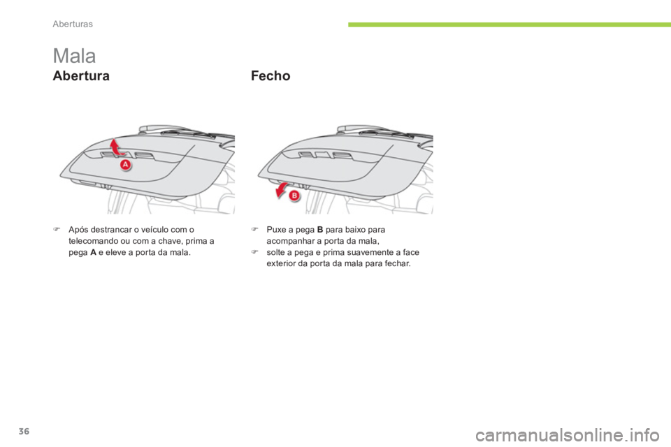 CITROEN C-ZERO 2014  Manual do condutor (in Portuguese) Aberturas
36
   
 
 
 
 
 
 
 
Mala 
Abertura
�)Após destrancar o veículo com o 
telecomando ou com a chave, prima a 
pega  Ae eleve a por ta da mala.
�)    Puxe a pega B 
 para baixo para
acompanha