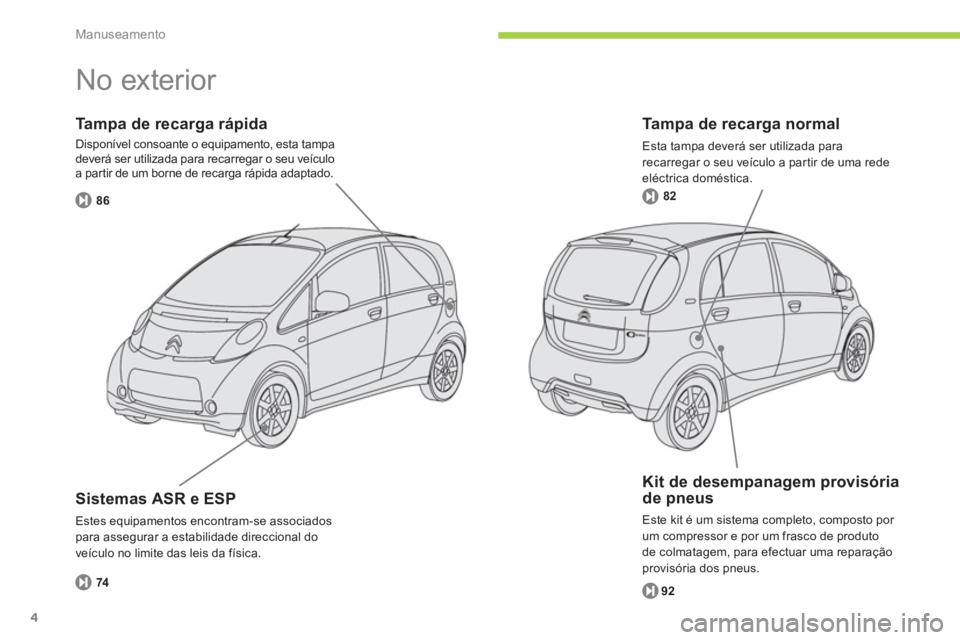 CITROEN C-ZERO 2014  Manual do condutor (in Portuguese) Manuseamento
4
   
Tampa de recarga normal
 
Esta tampa deverá ser utilizada para
recarre
gar o seu veículo a par tir de uma rede eléctrica doméstica. 
Tampa de recarga rápida
Disponível consoan