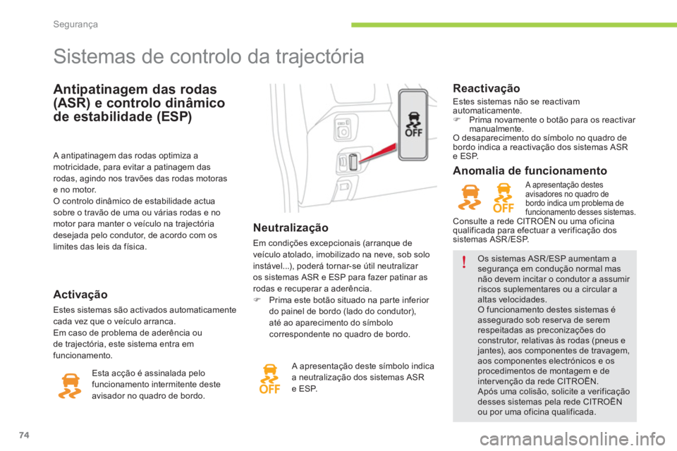 CITROEN C-ZERO 2014 Manual do condutor (in Portuguese) Segurança
74
Antipatinagem das rodas
(ASR) e controlo dinâmico
de estabilidade
(ESP)
Sistemas de controlo da trajectória
Neutralização
Em condições exce CITROEN C-ZERO 2014 Manual do condutor (in Portuguese) Segurança
74
Antipatinagem das rodas
(ASR) e controlo dinâmico
de estabilidade
(ESP)
Sistemas de controlo da trajectória
Neutralização
Em condições exce
