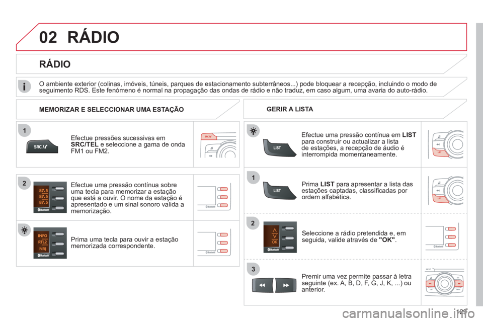 CITROEN C-ZERO 2012 Manual do condutor (in Portuguese) 02
1
12
2
3
129
RÁDIO
Efectue pressões sucessivas em
SRC/TEL e seleccione a gama de onda
FM1 ou FM2.
Prima uma tecla para ouvir a estação
memorizada correspondente.
Seleccione CITROEN C-ZERO 2012 Manual do condutor (in Portuguese) 02
1
12
2
3
129
RÁDIO
Efectue pressões sucessivas em
SRC/TEL e seleccione a gama de onda
FM1 ou FM2.
Prima uma tecla para ouvir a estação
memorizada correspondente.
Seleccione