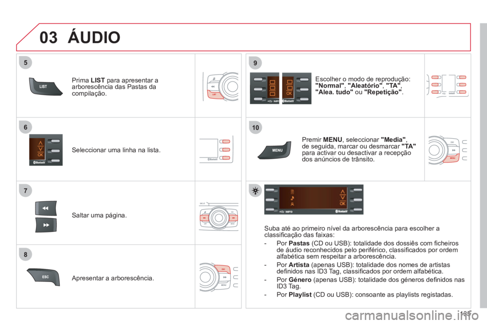 CITROEN C-ZERO 2012  Manual do condutor (in Portuguese) 7
6
8
9
03
5
10
135    
Seleccionar uma linha na lista.  
   
Saltar uma página.     
Escolher o modo de reprodução: 
  "Normal" 
,  "Aleatório" 
,  "TA" 
, 
  "Alea. tudo" 
 ou  "Repetição" 
. 
