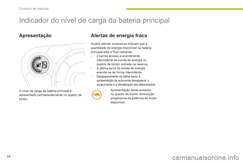 CITROEN C-ZERO 2012 Manual do condutor (in Portuguese) Controlo de marcha
26
Indicador do nível de carga da bateria principal
Apresentação
Quatro aler tas sucessivos indicam que a
quantidade de energia disponível na bateria
principal está CITROEN C-ZERO 2012 Manual do condutor (in Portuguese) Controlo de marcha
26
Indicador do nível de carga da bateria principal
Apresentação
Quatro aler tas sucessivos indicam que a
quantidade de energia disponível na bateria
principal está
