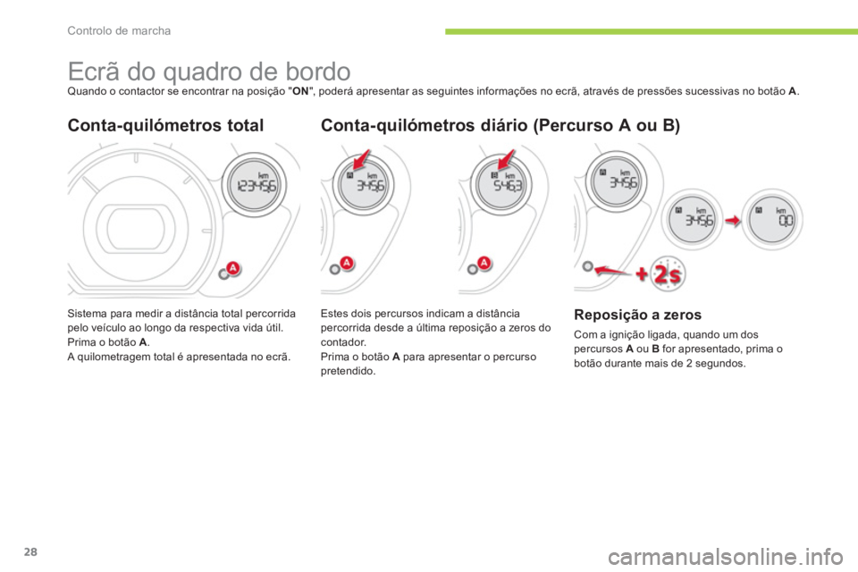CITROEN C-ZERO 2012 Manual do condutor (in Portuguese) Controlo de marcha
28
Ecrã do quadro de bordo
Quando o contactor se encontrar na posição " ON
", poderá apresentar as seguintes informações no ecrã, através de pressões s CITROEN C-ZERO 2012 Manual do condutor (in Portuguese) Controlo de marcha
28
Ecrã do quadro de bordo
Quando o contactor se encontrar na posição " ON
", poderá apresentar as seguintes informações no ecrã, através de pressões s