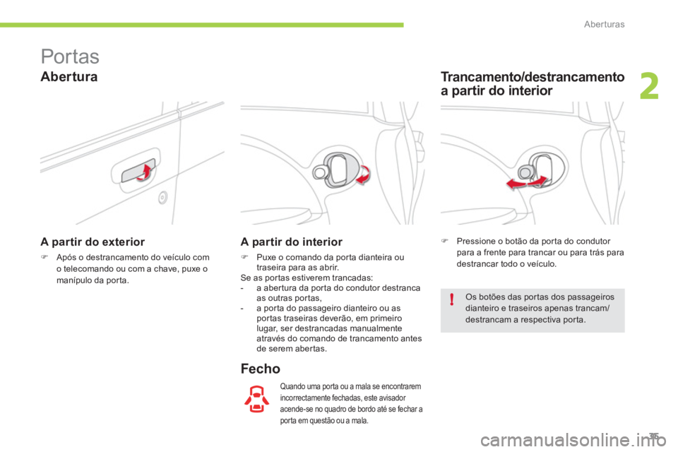 CITROEN C-ZERO 2012  Manual do condutor (in Portuguese) 2
!
Aberturas
35
   
 
 
 
 
Por tas 
 
 
A partir do exterior 
 
 
 
�) 
  Após o destrancamento do veículo com 
o telecomando ou com a chave, puxe o 
manípulo da por ta.  
 
 
 
A partir do inter