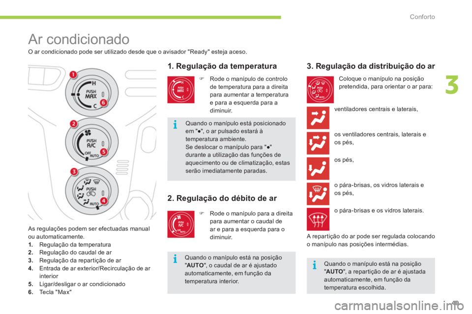 CITROEN C-ZERO 2012  Manual do condutor (in Portuguese) 3
i
ii
Conforto
49
  Ar condicionado 
 
 
O ar condicionado pode ser utilizado desde que o avisador "Ready" esteja aceso. 
 
 
 
 
 
 
 
 
 
 
 
 
 
 
 
 
 
 
1. Regulação da temperatura 
 
 
 
�) 
