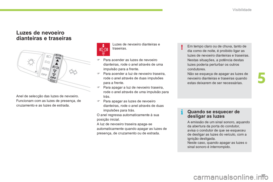 CITROEN C-ZERO 2012  Manual do condutor (in Portuguese) 5
i !
Visibilidade
57
   
 
 
 
 
Luzes de nevoeiro 
dianteiras e traseiras 
  Anel de selecção das luzes de nevoeiro. 
  Funcionam com as luzes de presença, de 
cruzamento e as luzes de estrada.  